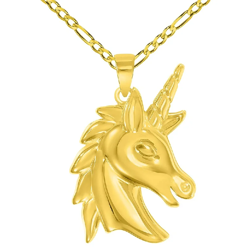 women silver link necklaces -14k Yellow Gold Unicorn Horse Head Mythical Animal Pendant with Figaro Chain Necklace