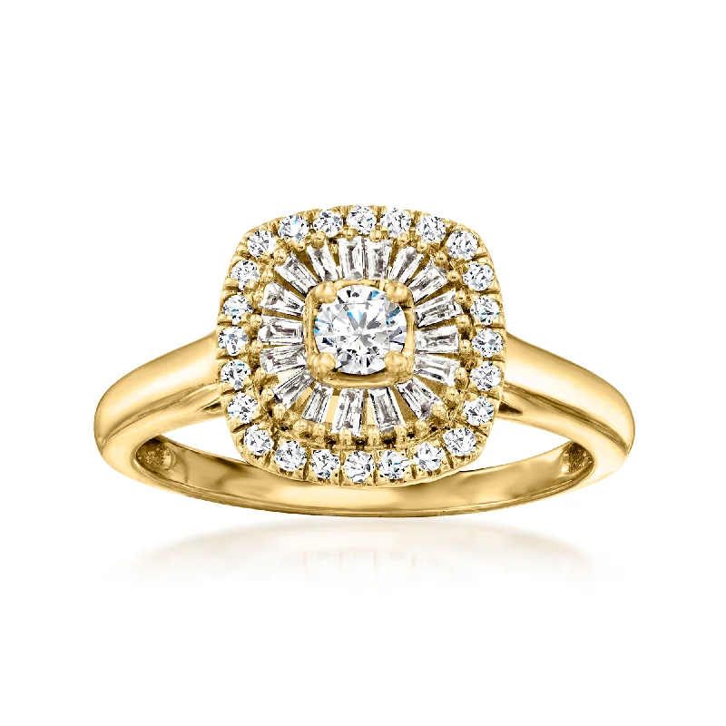 princess cut engagement rings -Ross-Simons Baguette and Round Diamond Halo Ring in 14kt Yellow Gold