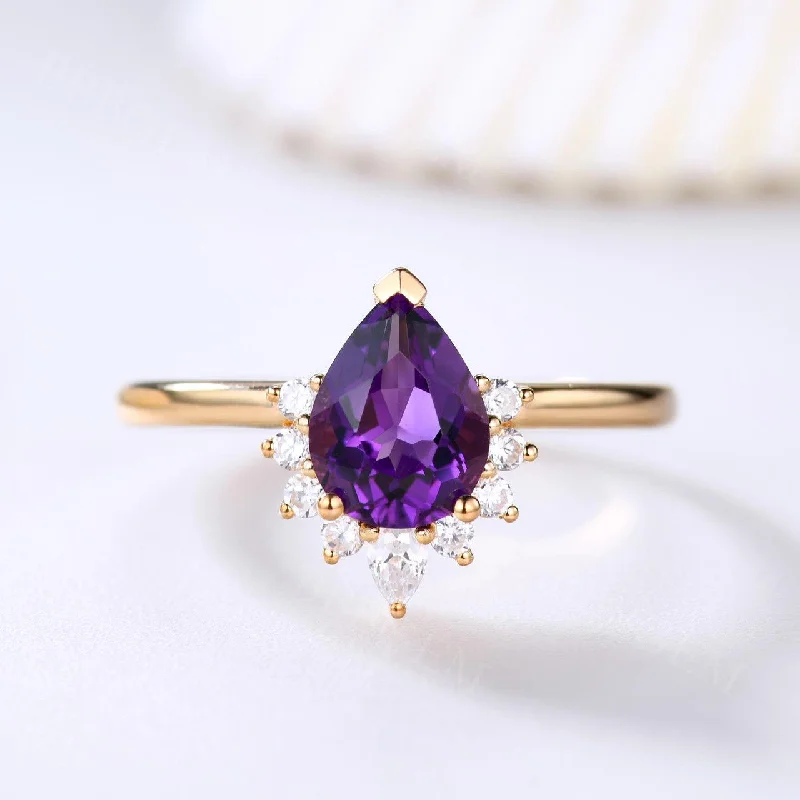 sapphire engagement rings -Amethyst Moissanite Engagement Ring 6x8mm Pear Cut Amethyst Ring Yellow Gold