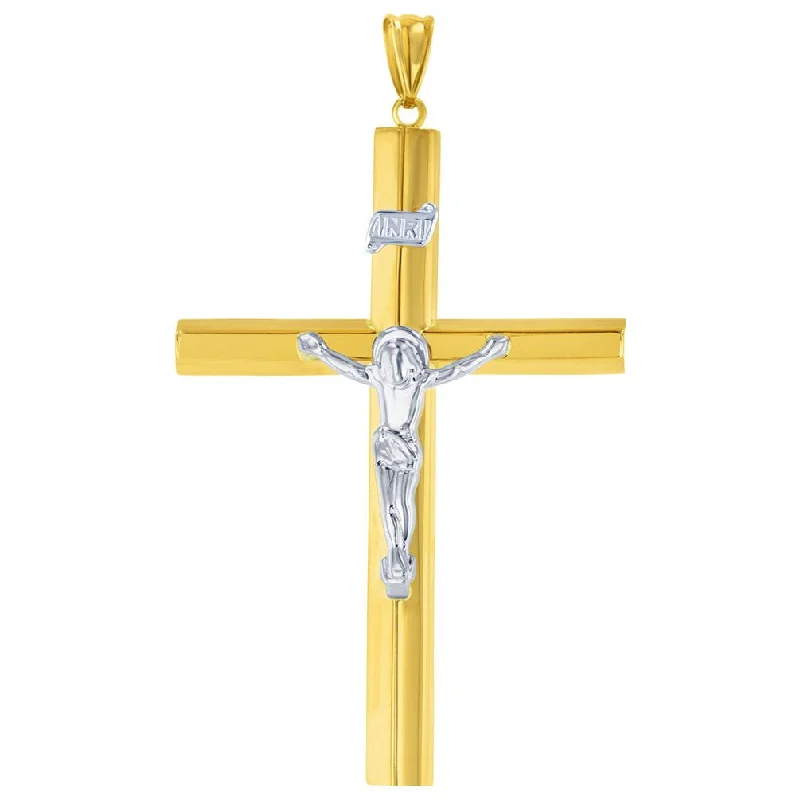 women modern necklaces -14K Yellow Gold & White Gold Large Tube Crucifix Six Sided Cross Pendant