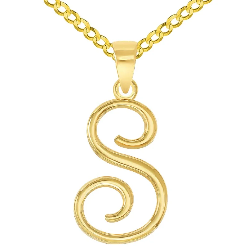 women fashion chain necklaces -14k Yellow Gold Elegant Script Letter S Cursive Initial Pendant with Concave Cuban Link Curb Chain Necklace