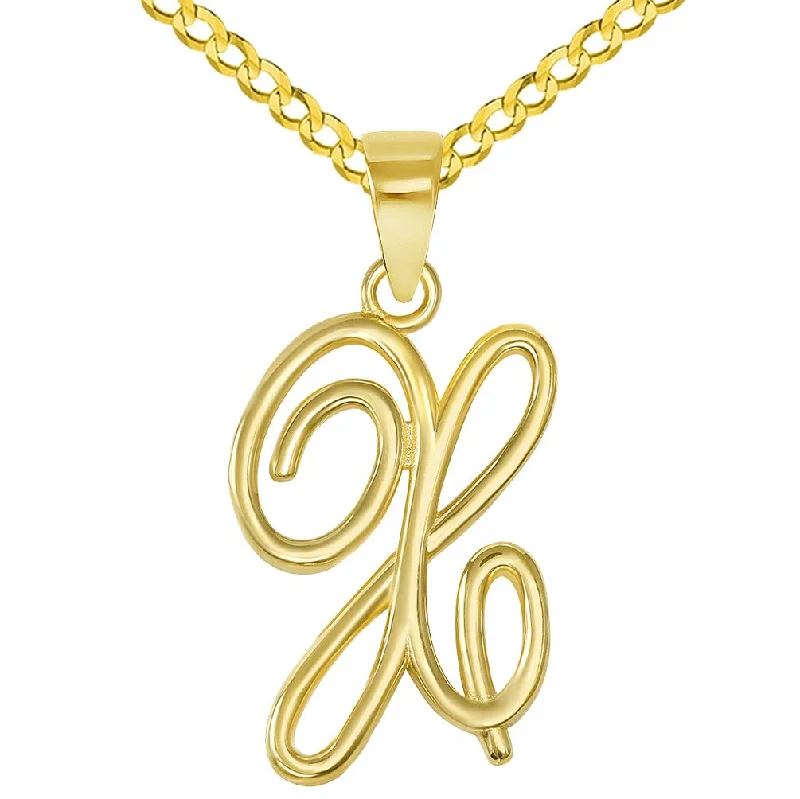 women gold necklaces -14k Yellow Gold Elegant Script Letter X Cursive Initial Pendant with Concave Cuban Link Curb Chain Necklace