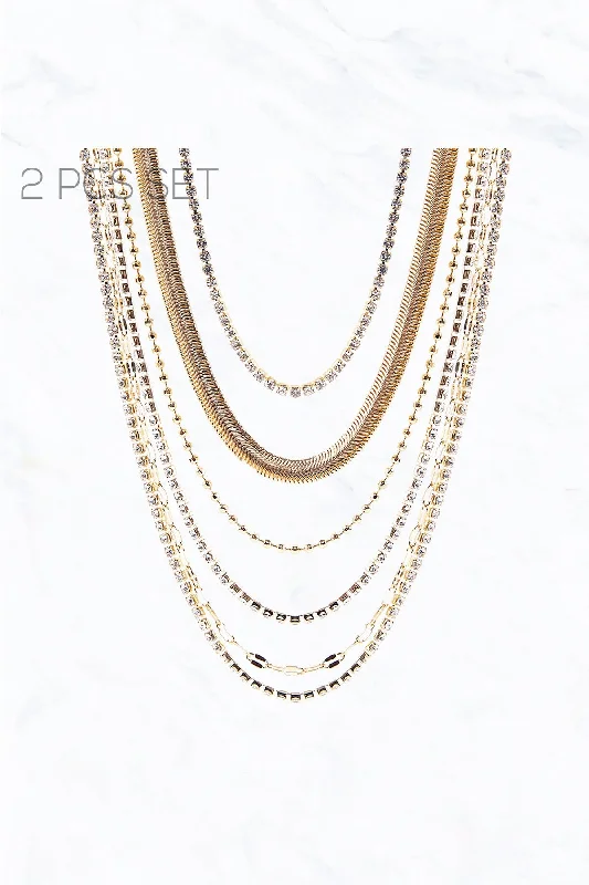 women chic gold necklaces -2 Piece Gold Rhinestone Choker Multi Layer Necklace