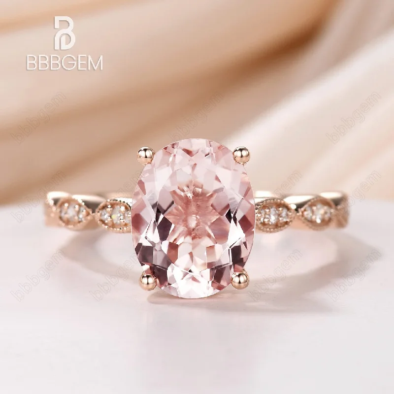 engagement rings with side stones -3 Carat 8x10mm Pink Morganite Solitaire Engagement Ring Marquise Diamond Half Eternity Band in 14K/18K Rose Gold