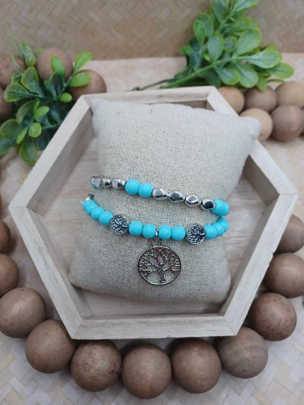 women cuff bracelets -Teal/Turquoise & Silver Tree of Life Bracelet Set