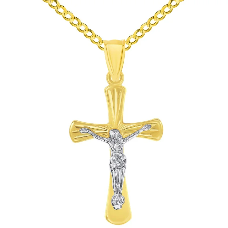 women engraved charm necklaces -14k Gold High Polished Textured Religious Cross Jesus Crucifix Pendant with Cuban Curb Chain Necklace - Two-Tone