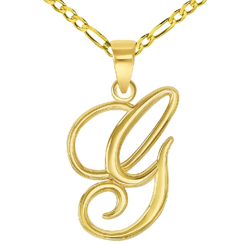 women choker necklaces -14k Yellow Gold Elegant Script Letter G Cursive Initial Pendant with Figaro Chain Necklace