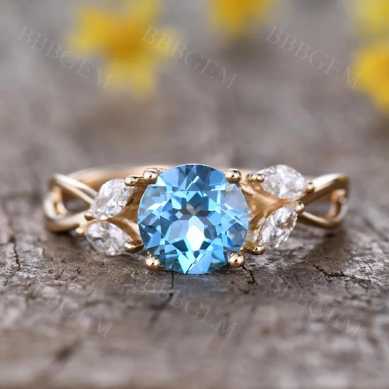 diamond halo engagement rings -Unique 1.75 Carat Round Cut Blue Topaz Engagement Ring in White Gold