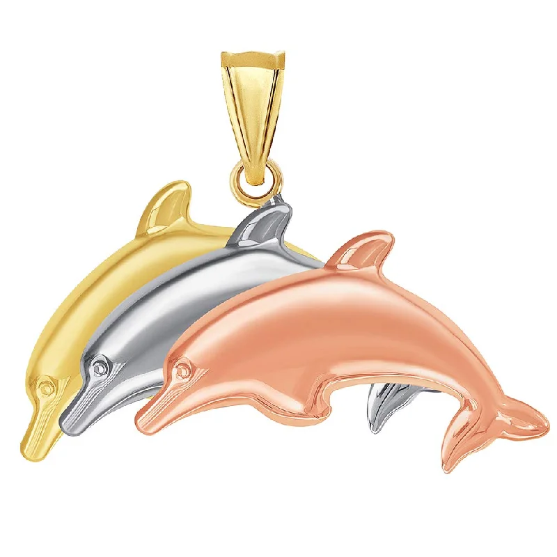 women crystal pendant necklaces -14k Tri-Color Gold 3-D Three Dolphins Jumping Pendant (Reversible)