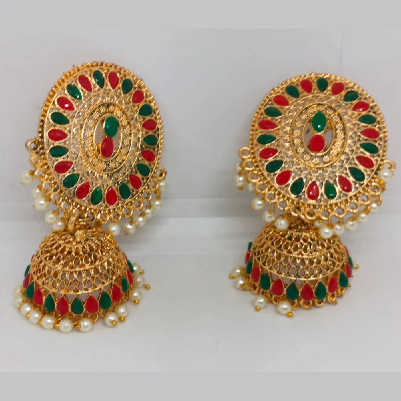 women large hoop earrings -Khushboo Jewellers Gold Plated Pota Stone And Pearls Jhumkis Earrings