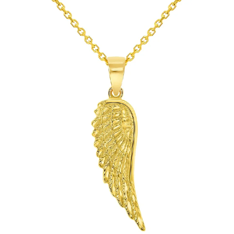 women pendant necklaces -Solid 14k Yellow Gold Textured Angel Wing Charm Pendant with Rolo Cable Chain Necklace