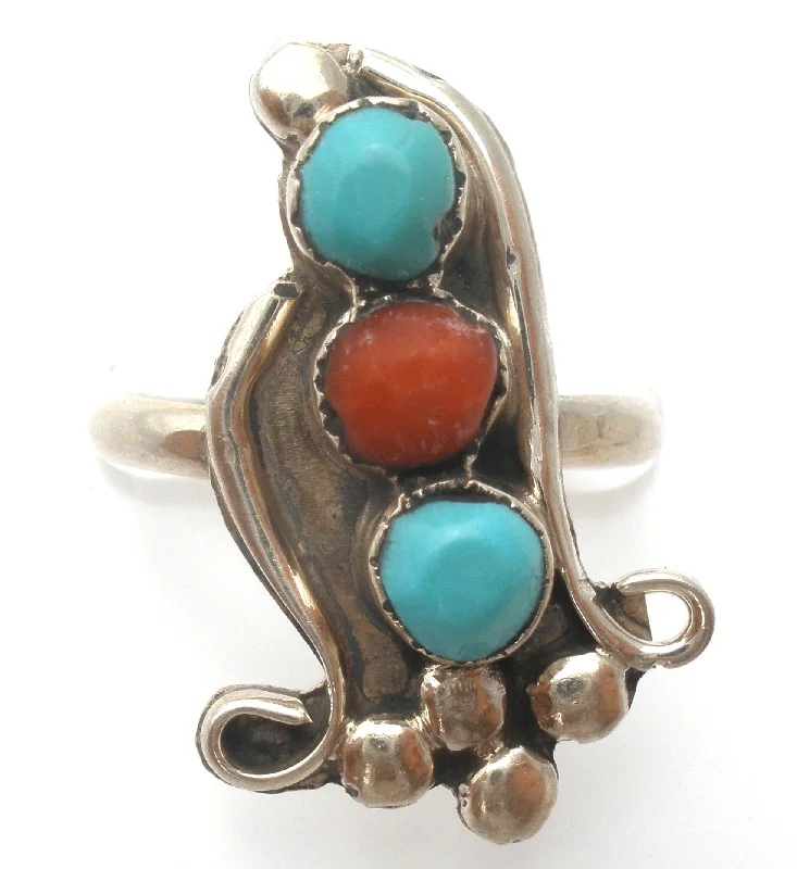 women affordable rings -Turquoise & Coral Ring Sterling Silver Size 4