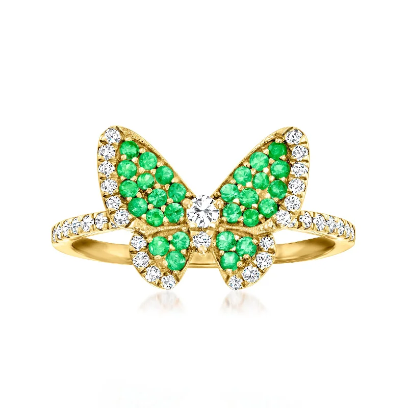 heart-shaped engagement rings -Ross-Simons Emerald and . Diamond Butterfly Ring in 14kt Yellow Gold