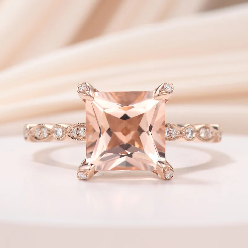 multi-stone engagement rings -Princess 8mm Natural Morganite & Diamond Hidden Halo Wedding Ring in Rose Gold