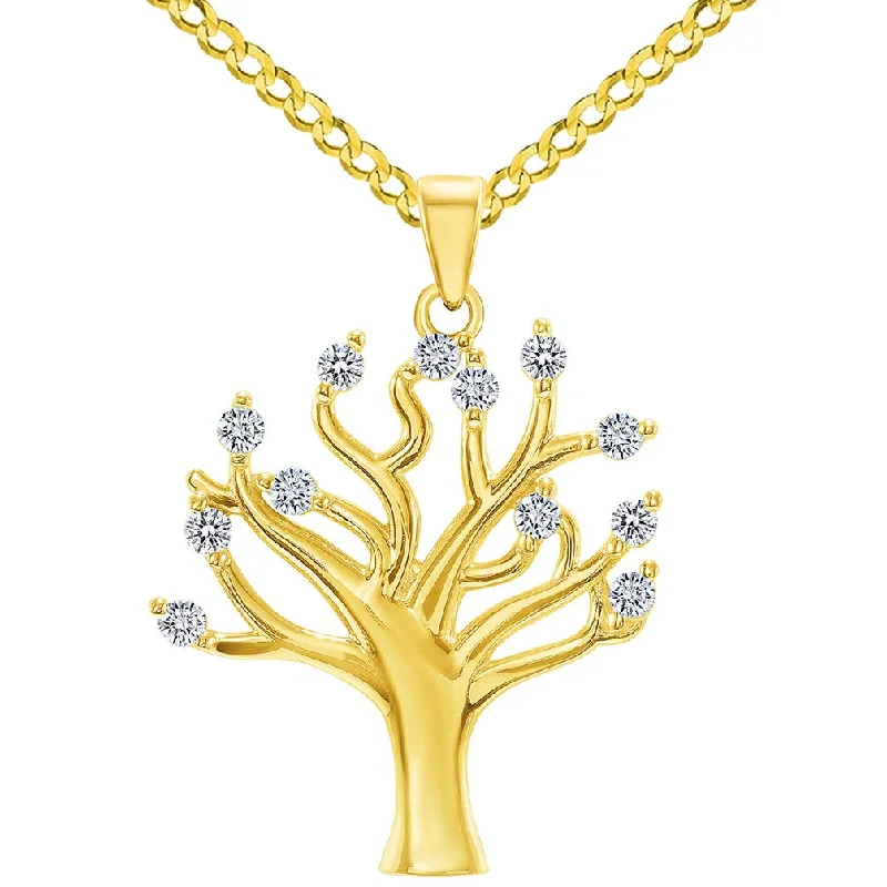 women diamond necklaces -14k Yellow Gold High Polish Cubic-Zirconia Tree of Life Pendant with Curb Chain Necklace