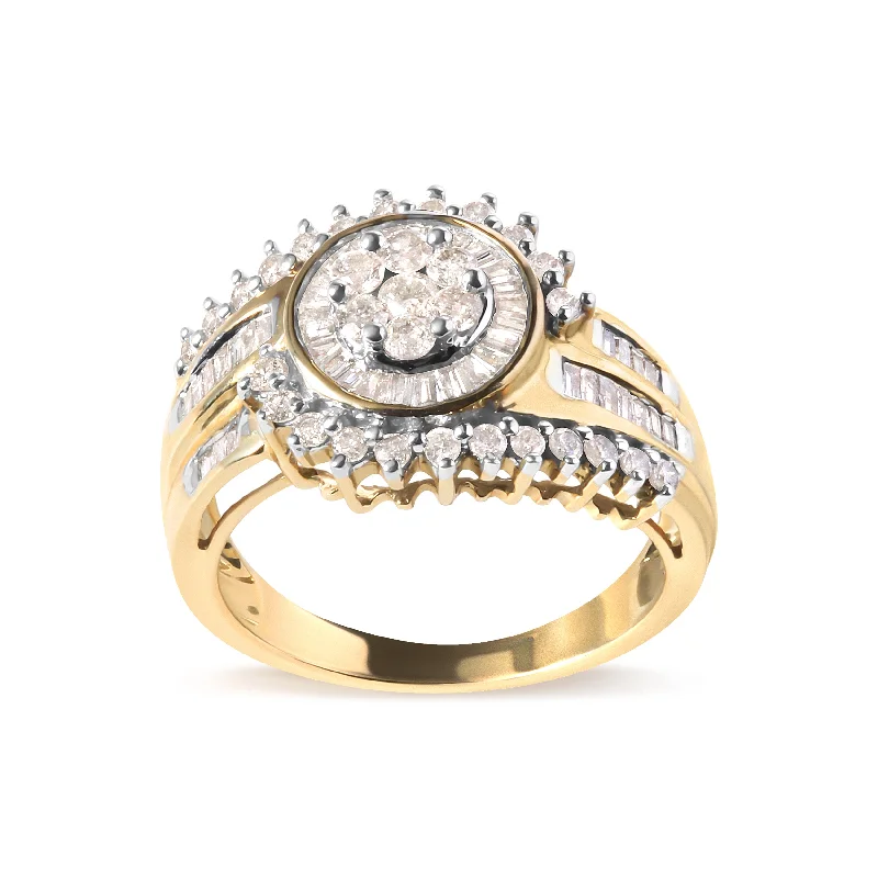 custom engagement rings -10K Yellow Gold 1 Cttw Round and Baguette cut Diamond Cluster Swirl Band Ring