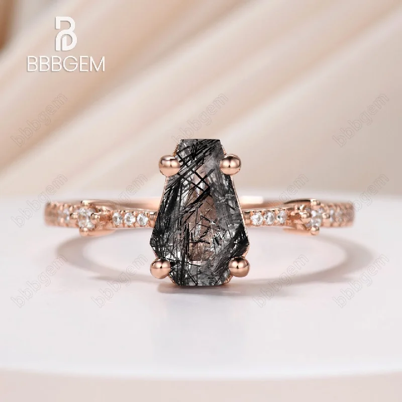 diamond wedding engagement rings -Art Deco Coffin Shaped Black Rutilated Quartz Engagement Ring Vintage Antique Wedding Ring