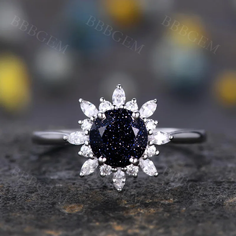 vintage-style diamond engagement rings -White Gold 6.5mm Round Cut Blue Sandstone Engagement Ring Marquise Shaped Moissanite Halo Ring