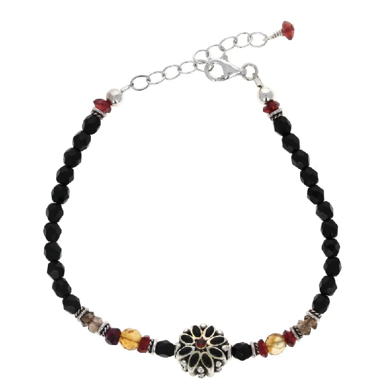 women friendship bracelets -Onyx and Garnet Flower Bracelet