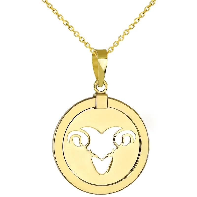 women diamond studded necklaces -14K Yellow Gold Reversible Round Ram Aries Zodiac Sign Pendant Necklace