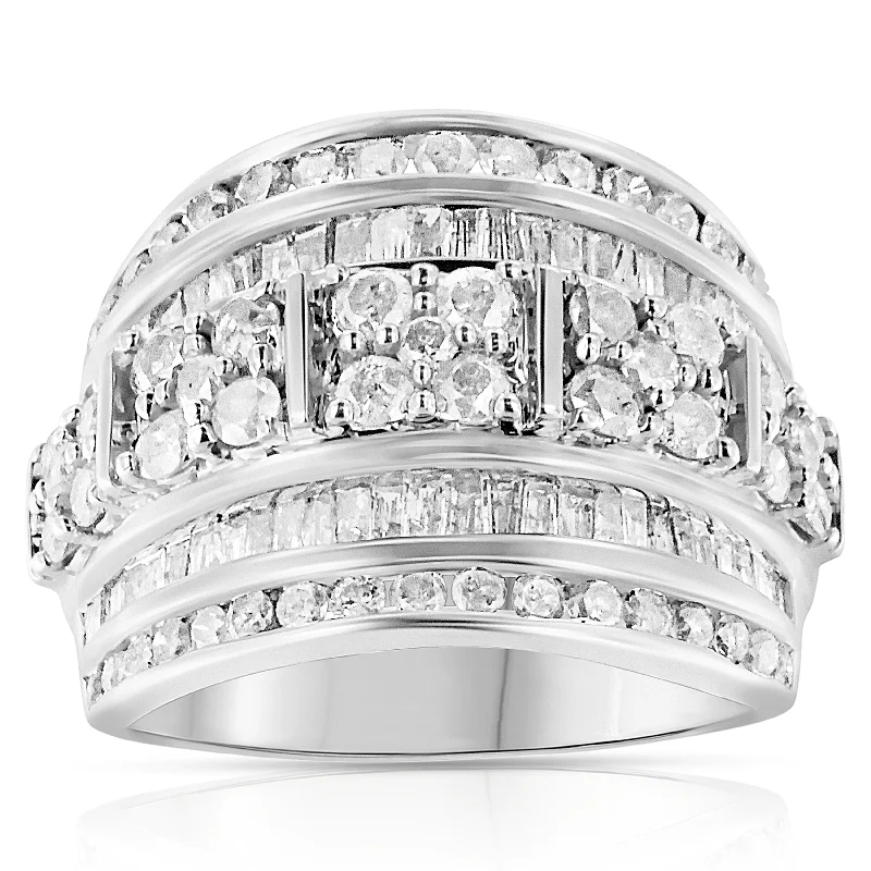 diamond wedding engagement rings -.925 Sterling Silver 2.0 Cttw Round & Baguette Cut Diamond Multi-Row Channel Set Tapered Cocktail Fashion Ring