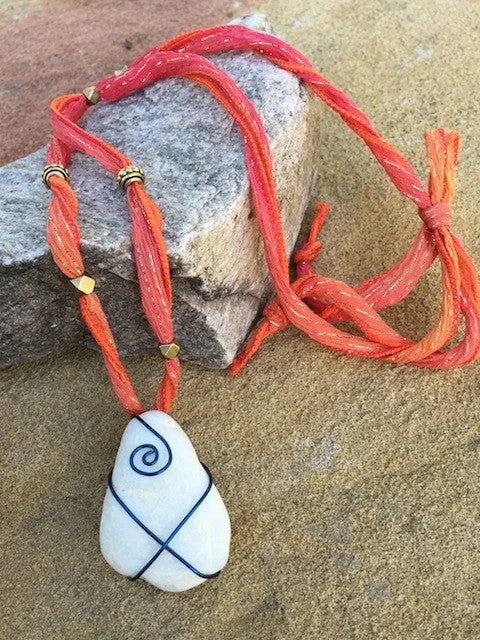 women chunky necklaces -Selkirk collection white stone pendant necklace with blue wire on silk