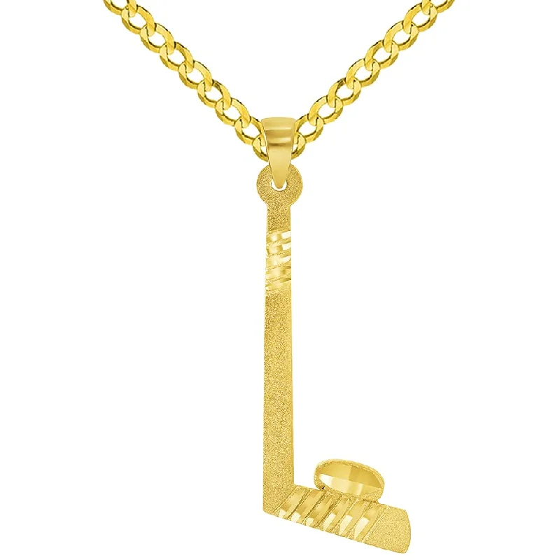 women chic necklaces -Solid 14k Yellow Gold Ice Hockey Stick and Puck Sports Pendant with Cuban Curb Chain Necklace