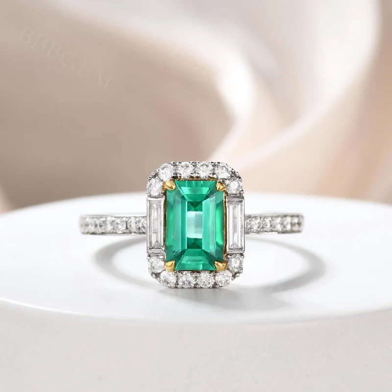 solitaire engagement rings -Emerald Cut Natural Emerald Engagement Ring Diamond Halo Baguette Diamond Pave Band 18K White Gold