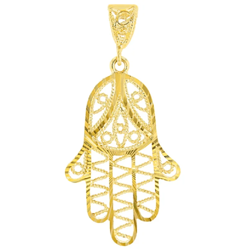 women personalized necklaces -Solid 14K Yellow Gold Filigree Hamsa Charm Hand of God Pendant with Texture Finish