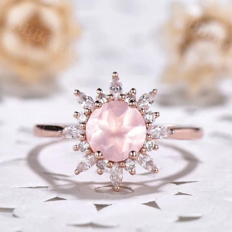 vintage-style engagement rings -Plain Gold Band Floral Rose Quartz Moissanite Engagement Ring Rose Gold