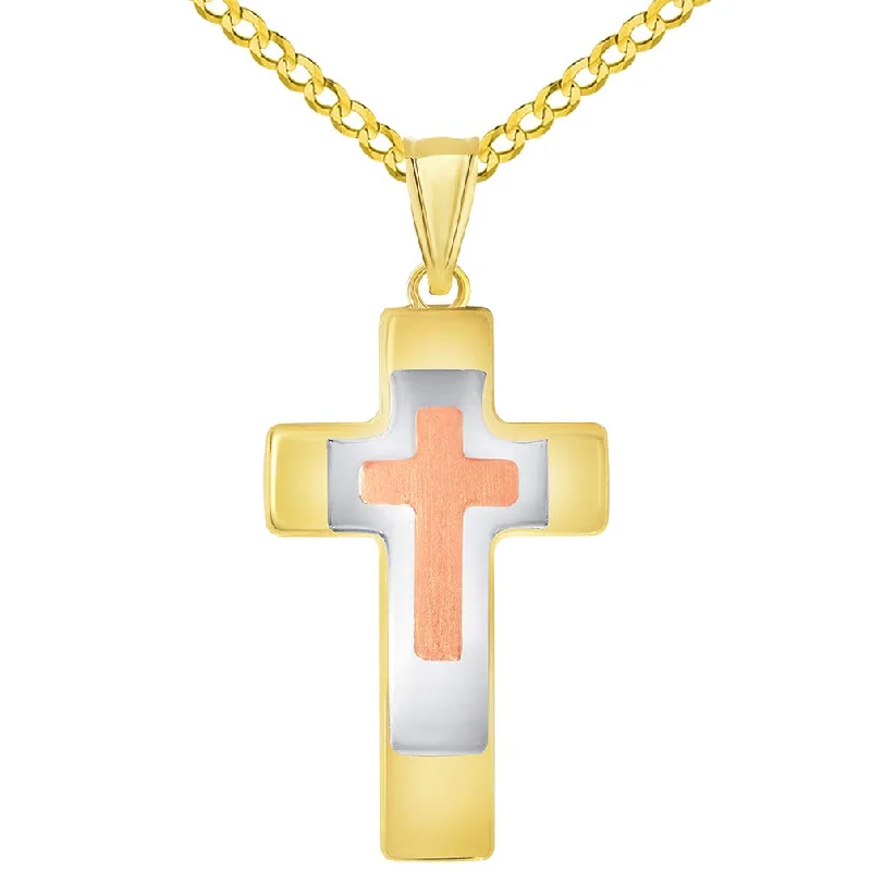 women infinity loop necklaces -14k Yellow Gold High Polished Tri-Tone Religious Cross Pendant with Cuban Curb Chain Necklace