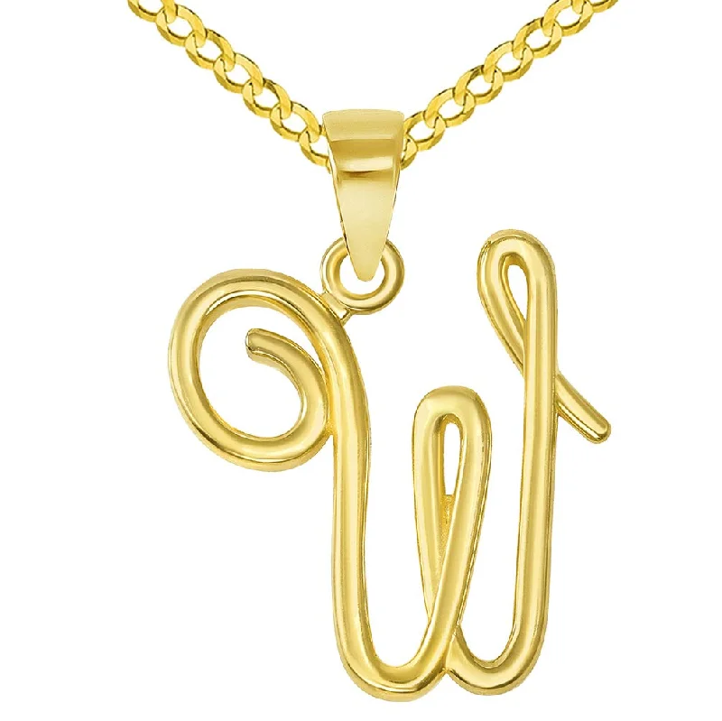 women etched metal necklaces -14k Yellow Gold Elegant Script Letter W Cursive Initial Pendant with Concave Cuban Link Curb Chain Necklace