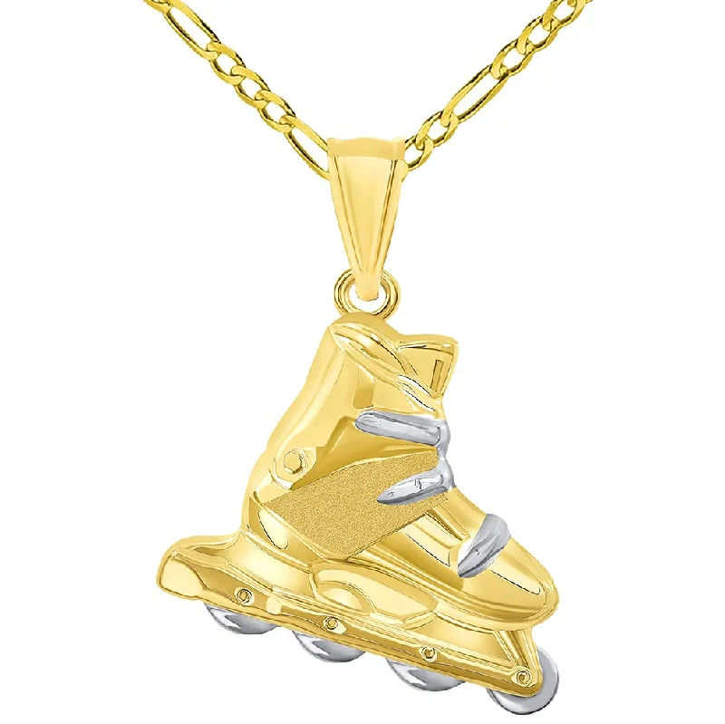 women wedding jewelry necklaces -High Polish 14k Yellow Gold 3D Roller Skate Two-Tone Inline Roller Blade Pendant with Figaro Chain Necklace