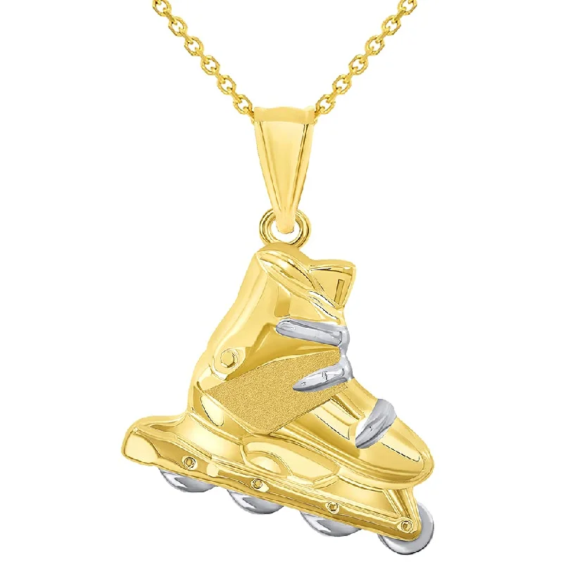 women statement silver necklaces -High Polish 14k Yellow Gold 3D Roller Skate Two-Tone Inline Roller Blade Pendant Necklace