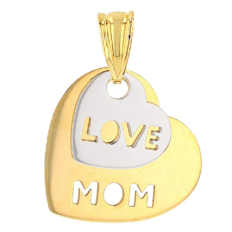 women zodiac necklaces -Solid 14K Two-Tone Gold Love Mom Double Heart Pendant with High Polish