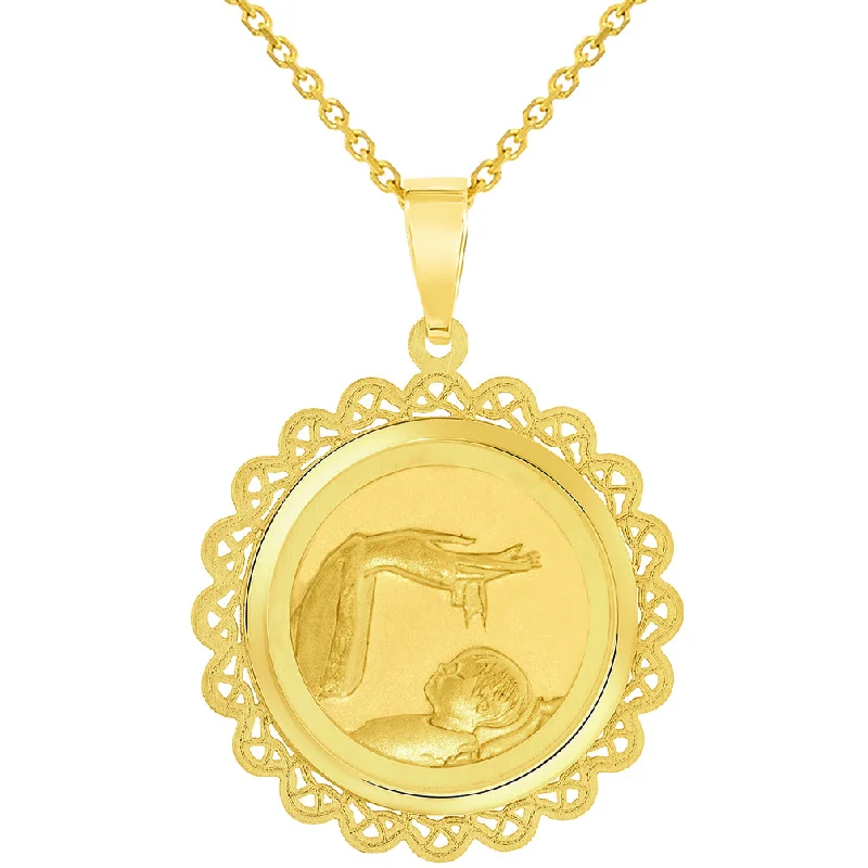 women luxury diamond necklaces -14k Yellow Gold Religious Baptism Christening On Round Ornate Medal Pendant Necklace