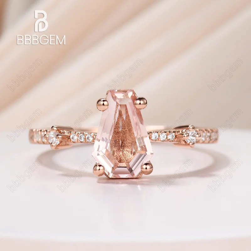 cushion cut halo engagement rings -Vintage Morganite Engagement Ring Pinched Tapered Diamond Band Morganite Coffin Shape Gold Ring Gift