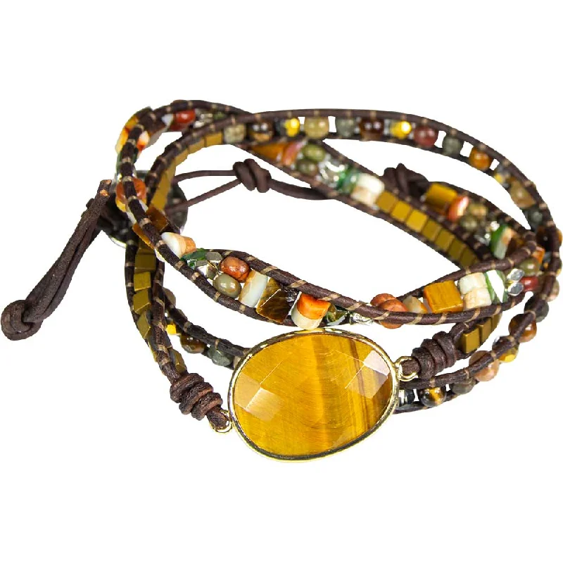 women art deco bracelets -24" Wrap Bracelet Leather & Mixed Gemstones with Tiger Eye Accent