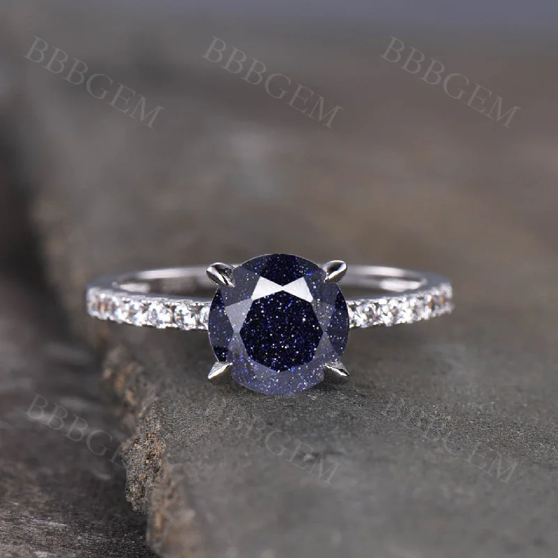 budget-friendly engagement rings -Dainty 7mm Round Cut Blue Sandstone Engagement Ring Half Eternity Diamond Band In White Gold