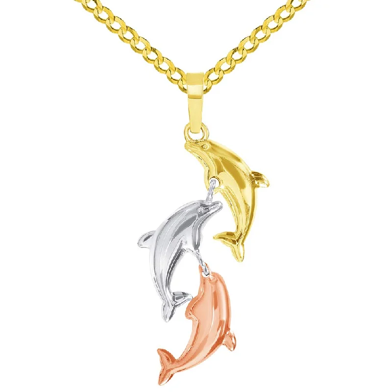 women choker necklaces -14k Tri-Color Gold Dangling Three Dolphins Jumping Up Pendant with Cuban Curb Chain Necklace