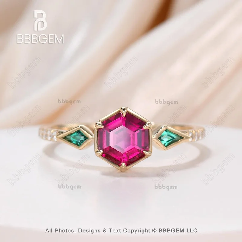 alternative engagement rings -Women Hexagon Lab Ruby Ring Silver Vintage 3-Stones Ruby & Emerald Kite Cut Side Stones  Engagement Ring