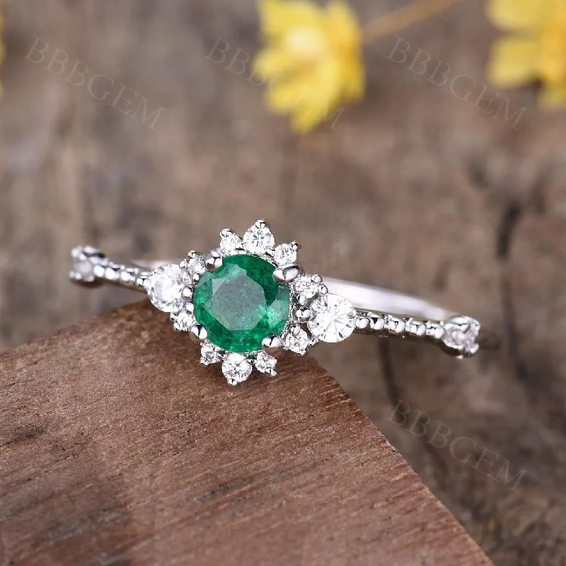 cushion diamond engagement rings -Minimaist Ring Natural Emerald Engagement Rings May Birthstone 5mm Round Zambian Emerald