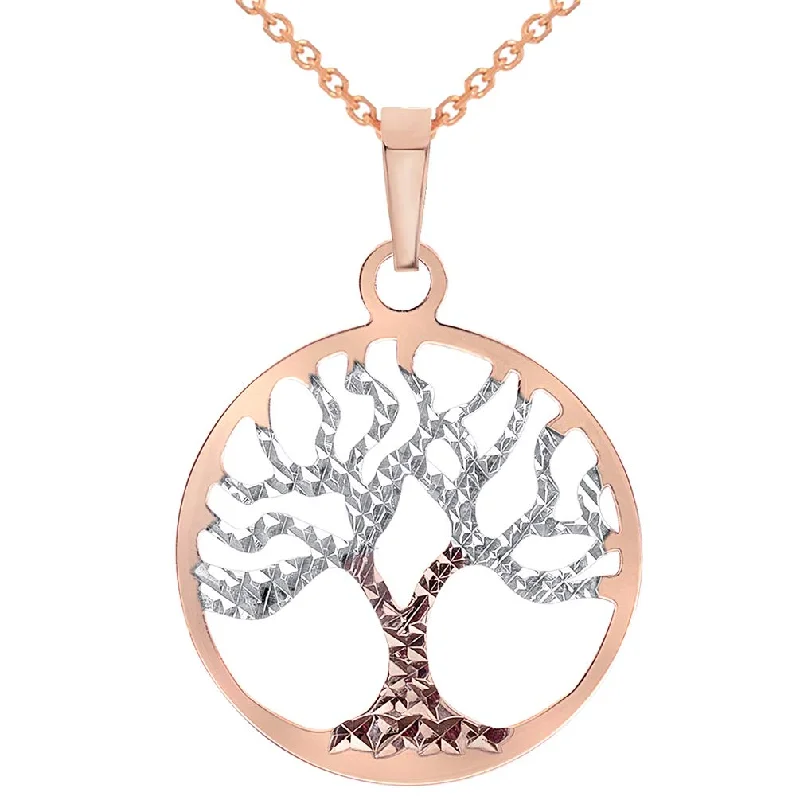 women cross necklaces -Solid 14k Gold Textured Reversible Round Tree of Life Pendant Necklace - Rose Gold