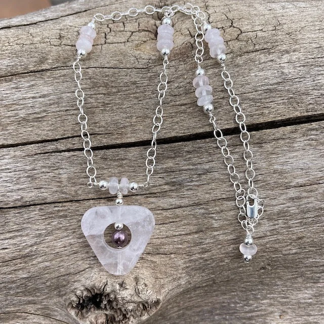 women vintage necklaces -Rose quartz stone pendant necklace on sterling silver chain