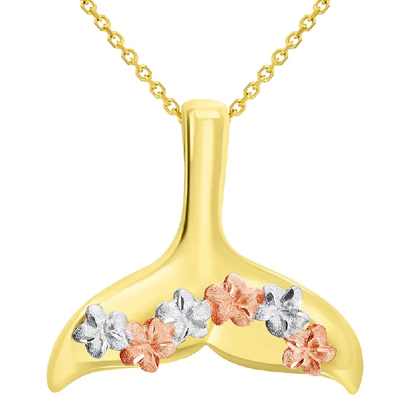 women eco-friendly necklaces -14k Yellow and Rose Gold Tri-Tone Dolphin Tail Fin Hawaiian Plumeria Flowers Pendant Necklace