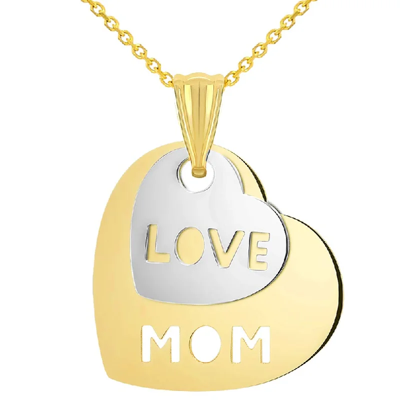 women wedding jewelry necklaces -14k Yellow Gold and White Gold Double Heart with Cut-Out Love Mom Pendant Necklace