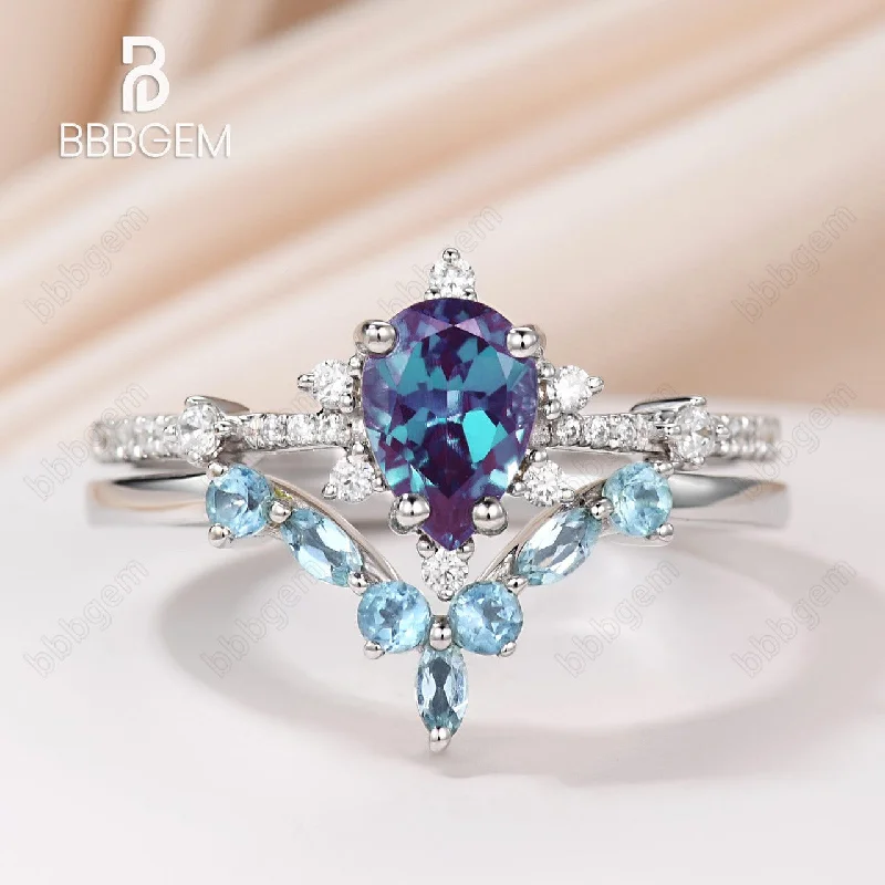 custom engagement rings -Unique Pear Cut Alexandrite Engagement Ring Curved Topaz Matching Band