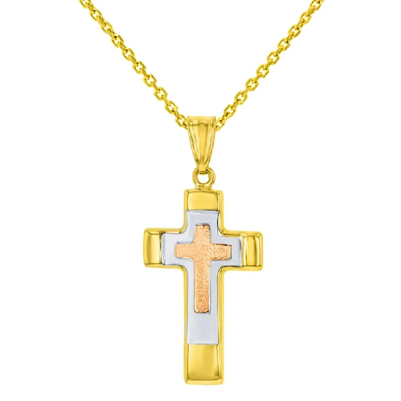 women designer gold necklaces -14K Rose & Yellow Gold Tricolor Religious Cross Charm Pendant Necklace