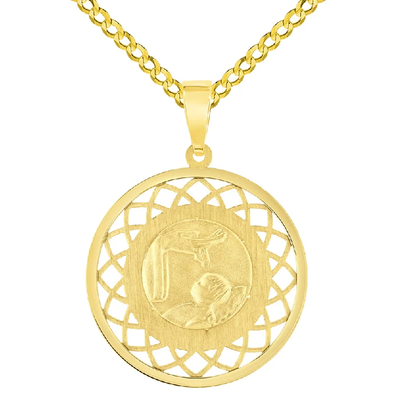 women eco-friendly necklaces -14k Yellow Gold Religious Baptism Christening On Round Open Ornate Medal Pendant with Cuban Chain Curb Necklace