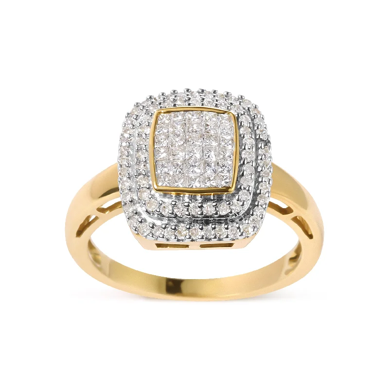 luxury diamond engagement rings -10K Yellow Gold 1/2 cttw Round and Princess Diamond Composite Head and Halo Ring